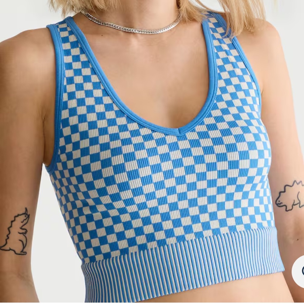 Aeropostale Blue and White Checkered Ribbed V-Neck Crop Tank